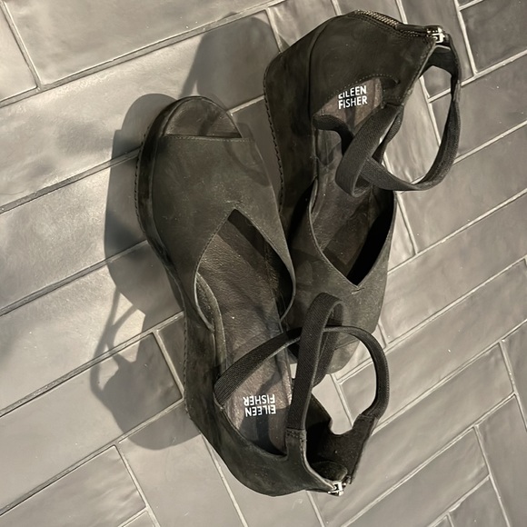 Black suede Eileen Fisher platform open toed shoes. Worn one time. Very comfy! - Picture 4 of 4